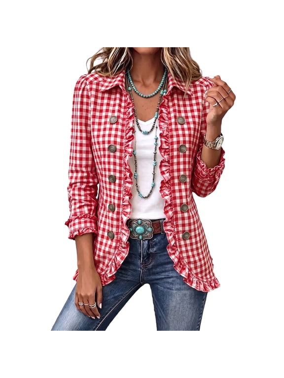 Jacket of Women Casual Ruffle Trim Long Sleeve Denim Coat Vintage Western Button down V Neck Fall Outerwear, 2XL