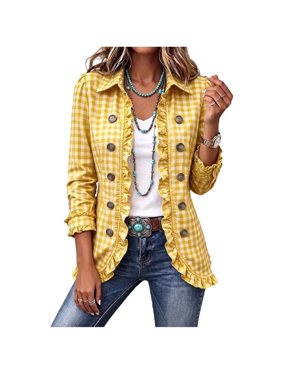 Jacket of Women Casual Ruffle Trim Long Sleeve Denim Coat Vintage Western Button down V Neck Fall Outerwear, 2XL