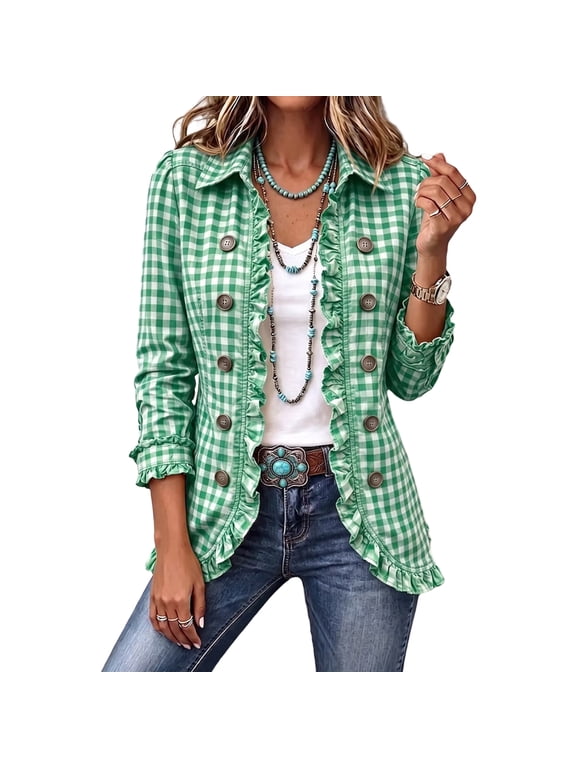 Jacket of Women Casual Ruffle Trim Long Sleeve Denim Coat Vintage Western Button down V Neck Fall Outerwear, M