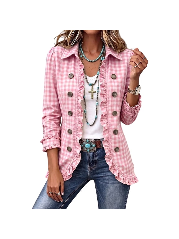 Jacket of Women Casual Ruffle Trim Long Sleeve Denim Coat Vintage Western Button down V Neck Fall Outerwear, S