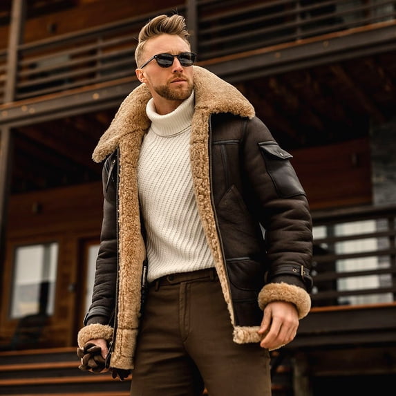 Jacket with Faux Fur Collar and Pockets (L, Brown)