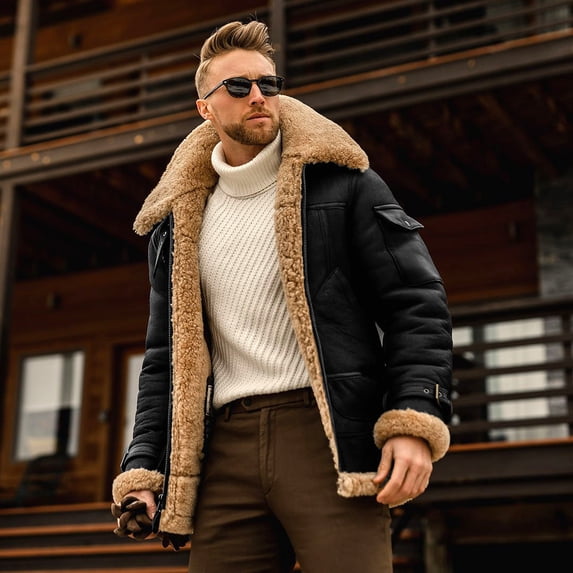 Jacket with Faux Fur Collar and Pockets (XL, Black)