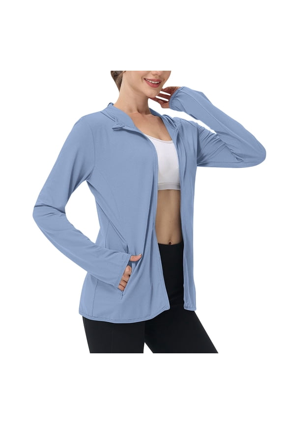 Jacket with Inside Pockets Women Plus Size Zip Up Lightweight Sun Protection Hoodies Cooling Hiking Fishing Summer Tops Sky Blue,XS