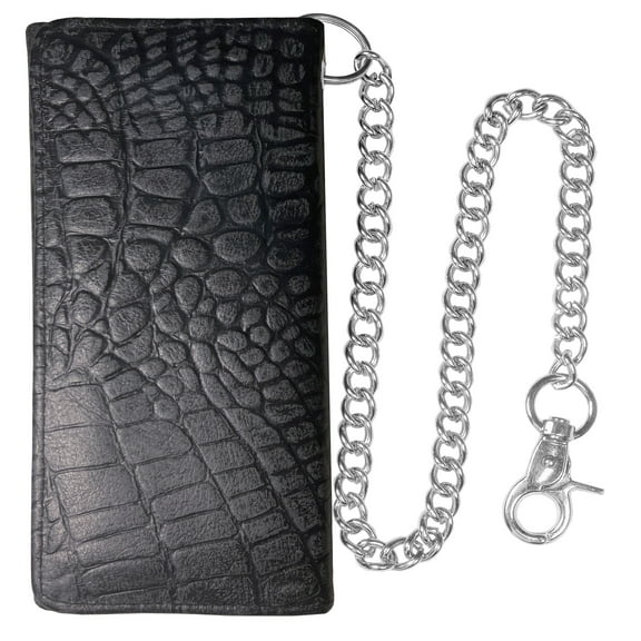 Jackets 4 Bikes Genuine Cowhide Leather Trifold Long Chain Motorcycle Biker Trucker Wallet RFID Crocodile Black