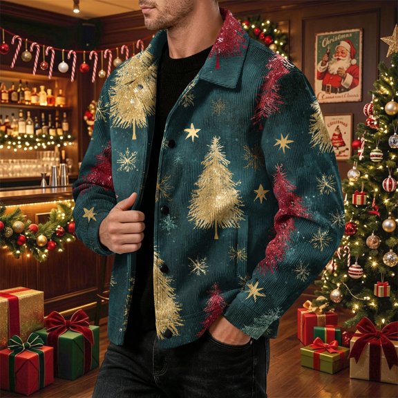 Jackets For Men Corduroy Christmas Themed Prints Snap Button Down Coat Casual Long Sleeve Fall Outerwear Versatile Cozy Tops