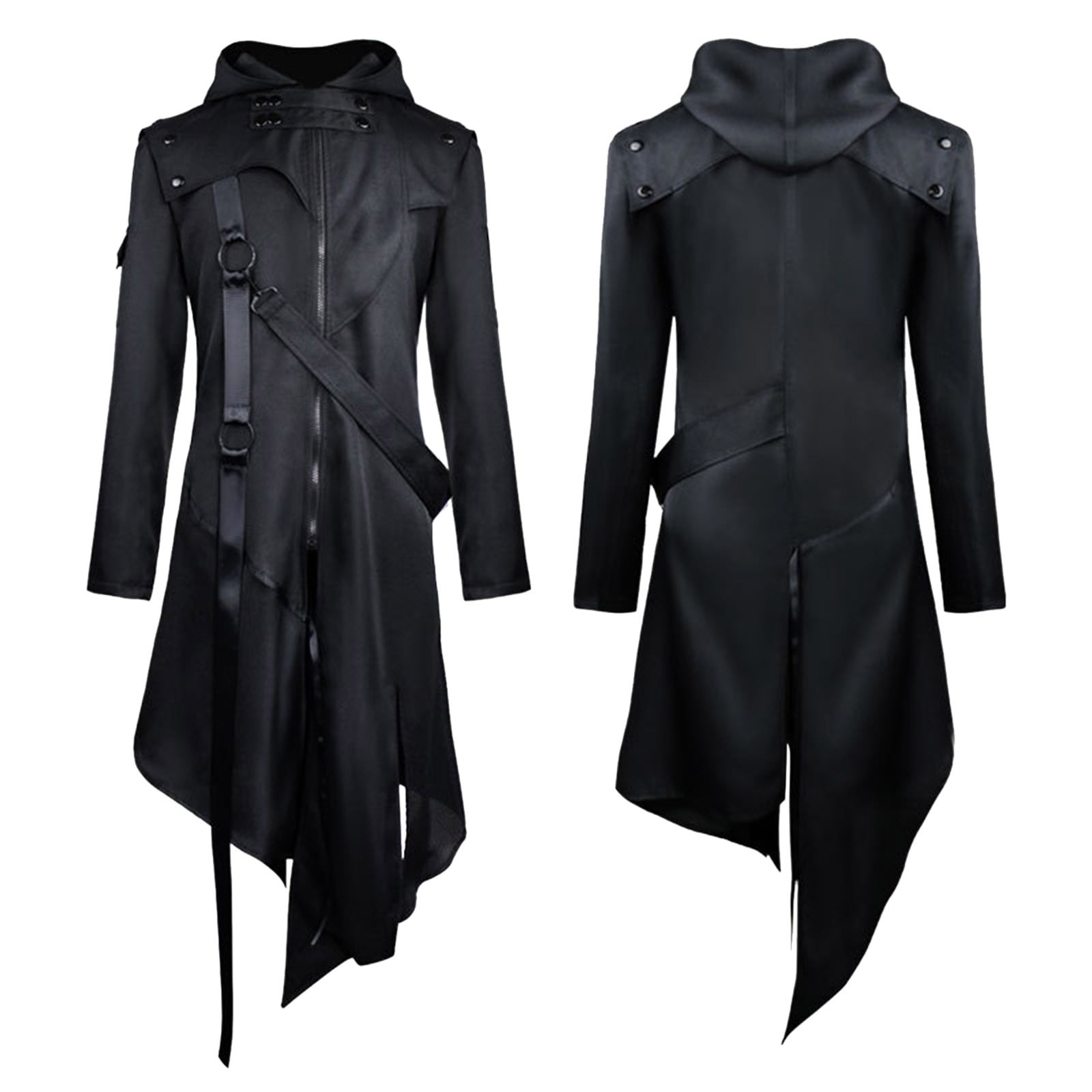Jackets For Men Male Vintage Gothic Steampunk Coat Splice Zipper Belt Hooded Long Sleeve