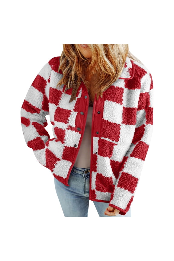 Jackets For Women 2024 Plaid Long Sleeve Lightweight Sherpa Jacket Casual Loose Fit Button Down Checkerboard Winter Coats