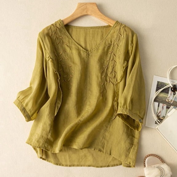 Jackets For Women 3/4 Sleeve Linen Blouse, Lace Embroidery Lightweight Summer Loose Hem Chiffon Top , Yellow L, Size M-3XL