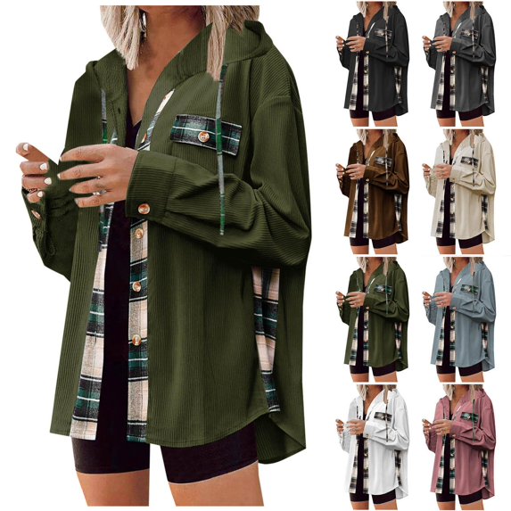 Jackets For Women Army Green Fall And Winter Lattice Splice Pocket Buttons Long Sleeve Casual Hooded Outwears Jacket S