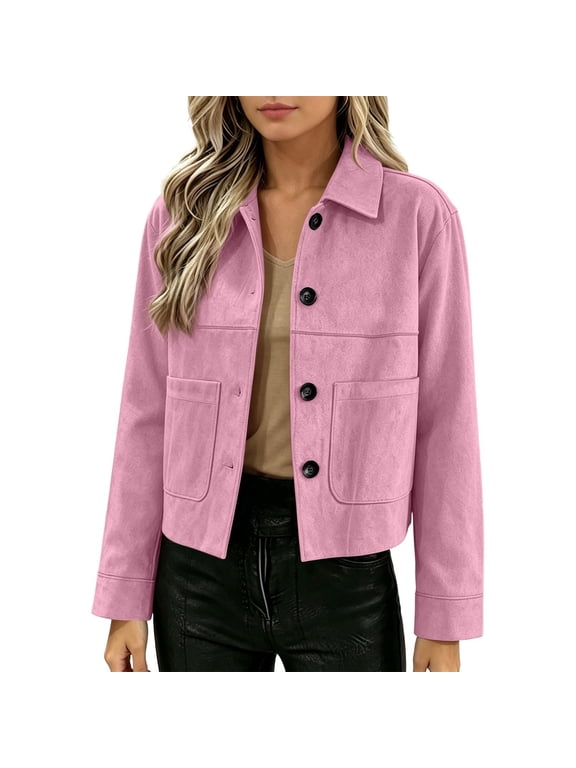 Jackets For Women Casual Button Down Cropped Jacket Fall Long Sleeve Outerwear Coats (Pink S)
