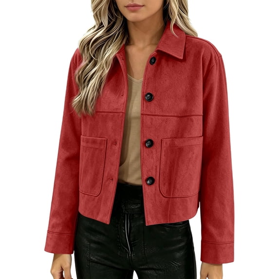 Jackets For Women Casual Button Down Cropped Jacket Fall Long Sleeve Outerwear Coats (Red S)