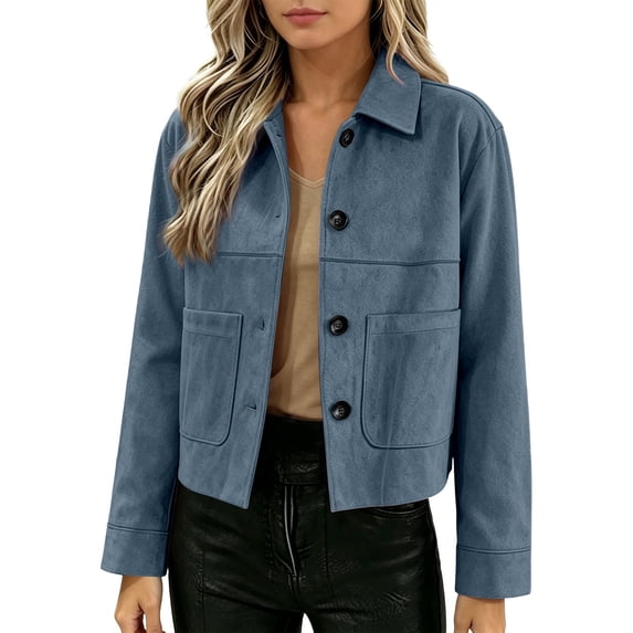 Jackets For Women Casual Button Down Cropped Jacket Fall Long Sleeve Outerwear Coats (Sky Blue S)