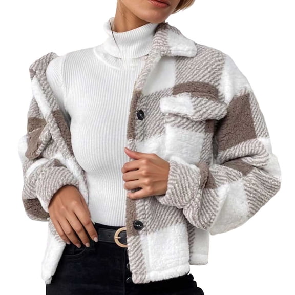Jackets For Women Causal Sherpa Fall Jacket Loose Button Down Plaid Winter Coats