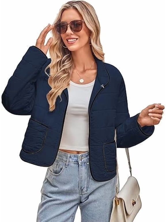 Women's Color Block Quilted Puffer Jacket Casual Padded Coat Lightweight Hook and Eye Short Outwear with Patch Pockets, Blue, L