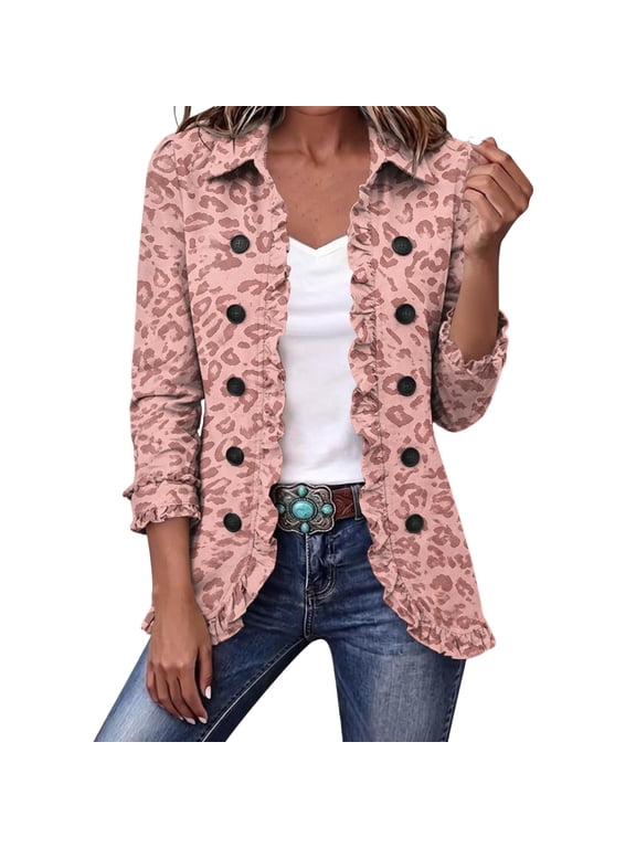 Jackets For Women Cheetah Leopard Print Ruffle Lapel Button Up Open Front Cardigan Casual Long Sleeve Ruffle Jacket