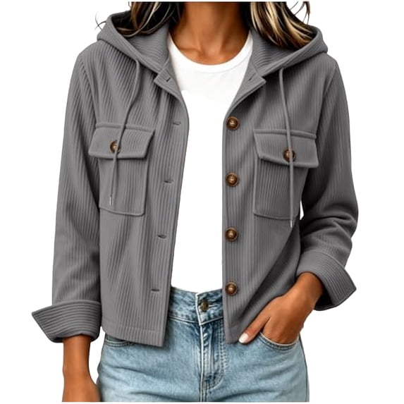 Jackets For Women Corduroy Button Down Long Sleeve Hooded Drawstring Cropped Jacket Fall Fashion Winter Coats