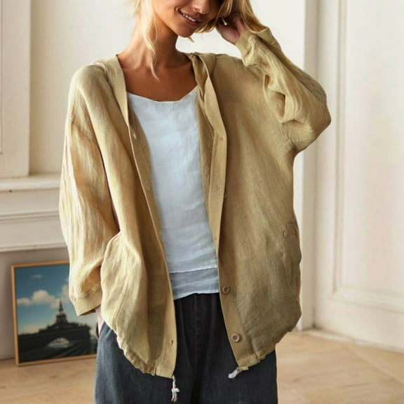 Cotton Linen Hooded Solid Color Button Down Cardigan Jacket Long Sleeve Lightweight Loose Cover Up With Pocket, Yellow L, Size M-2XL
