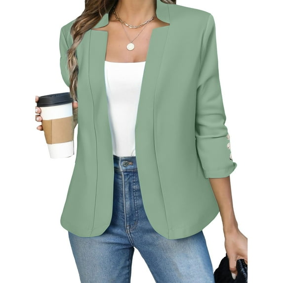 Fall Fashion Business Casual Long Sleeve Notch Cardigans Open Front Slim Fit Work Cropped Jackets, Green M, Size S-5XL