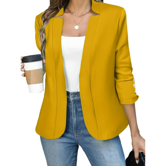 Jackets For Women Fall Fashion Business Casual Long Sleeve Notch Open Front Slim Fit Work Cardigan, Yellow , Size S-5XL