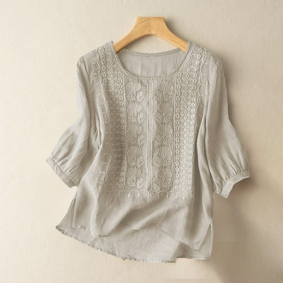 Jackets For Women Fashionable Casual Cotton Linen Top, Solid Color Pleated Shirt, 3/4 Sleeves, Versatile Outfits , Beige L, Size M-3XL