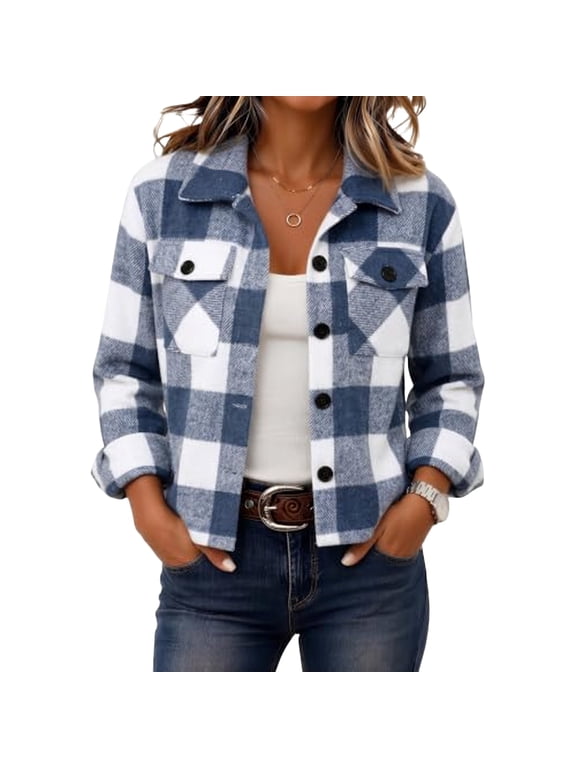 Jackets For Women Plaid Lapel Button Down Long Sleeve Cropped Jacket Fall Winter Fashion Cozy Coats
