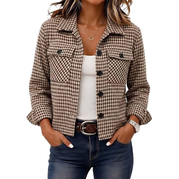 Jackets For Women Plaid Lapel Button Up Long Sleeve Cropped Coats With Pockets Casual Vintage Outerwear Lightweight Short Shacket For Daily Outerwear