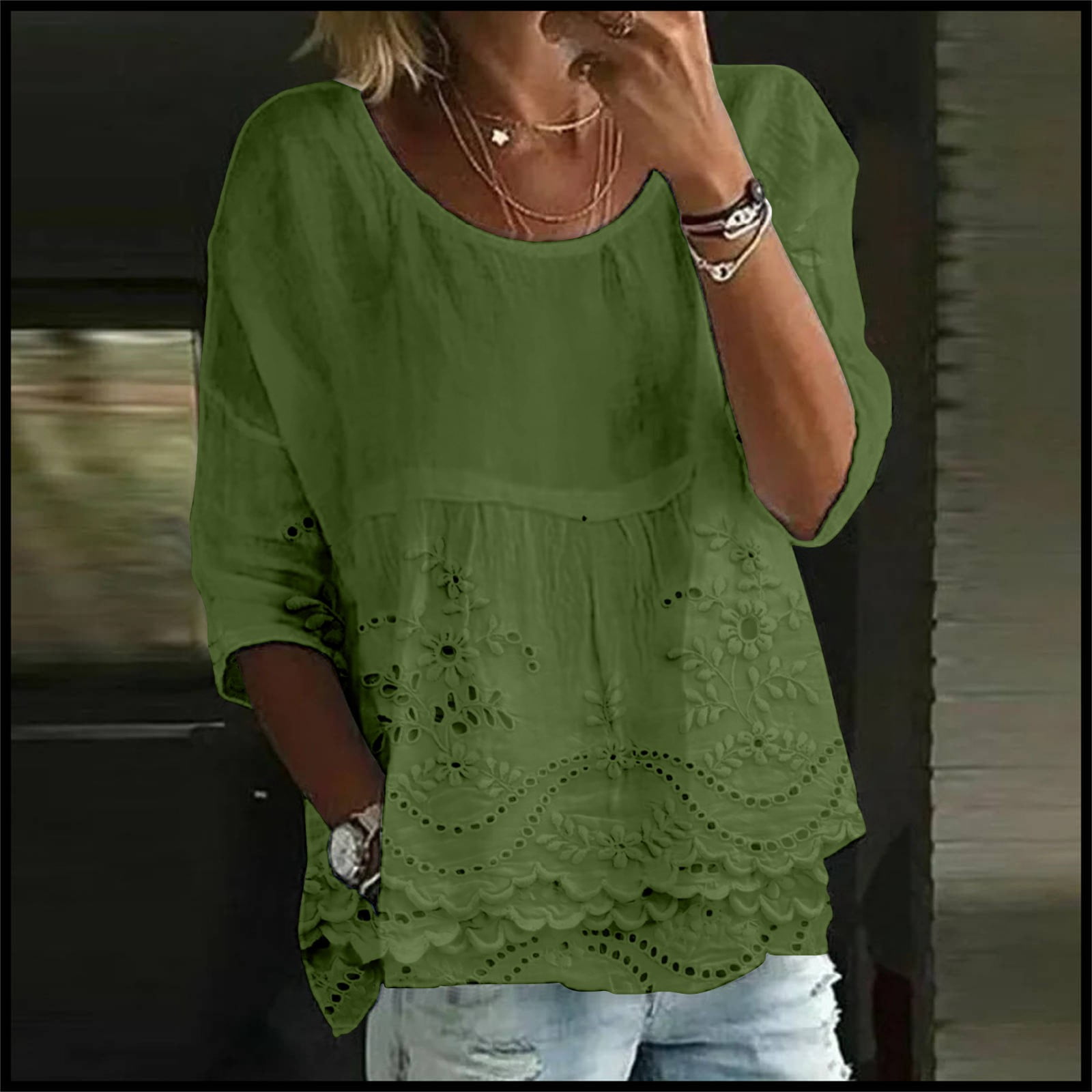 Women's plus-size T-shirt with boat neckline cutouts, 3/4 sleeves ULLA POPKEN