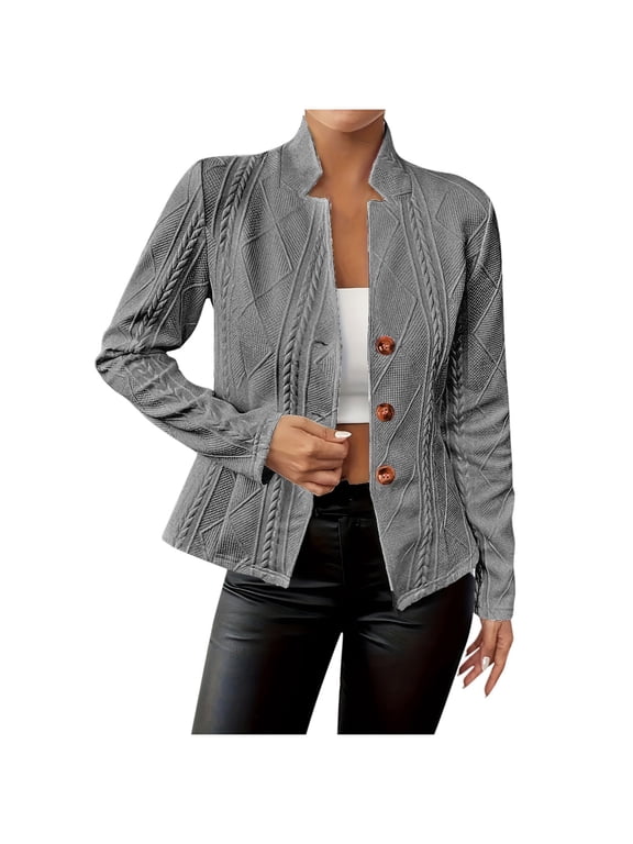 Jackets For Women Sevevn Women's Casual Solid Color Long-Sleeved Button V-Neck Jacket