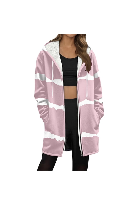 Jackets For Women Sevevn Women's Stripe Print Hooded Sweathirt Casual Long Sleeve Zipper Pocket Fleece-Lined Jacket