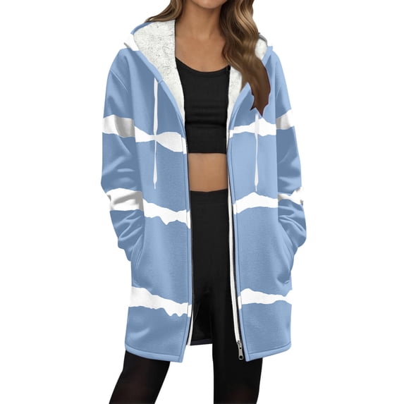 Jackets For Women Sevevn Women's Stripe Print Hooded Sweathirt Casual Long Sleeve Zipper Pocket Fleece-Lined Jacket