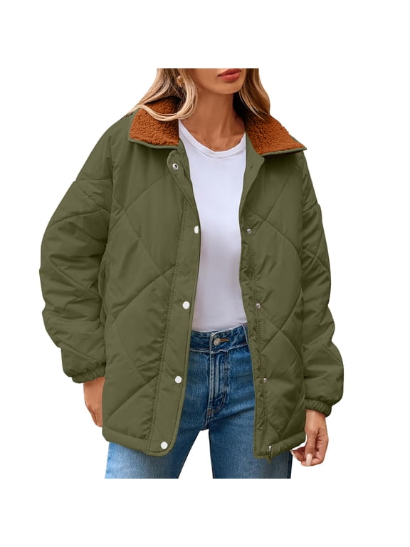 Jackets For Women Sevevn Womens Winter Casual Quilted Jacket Long Sleeve Button Down Jacket Thickened Coat