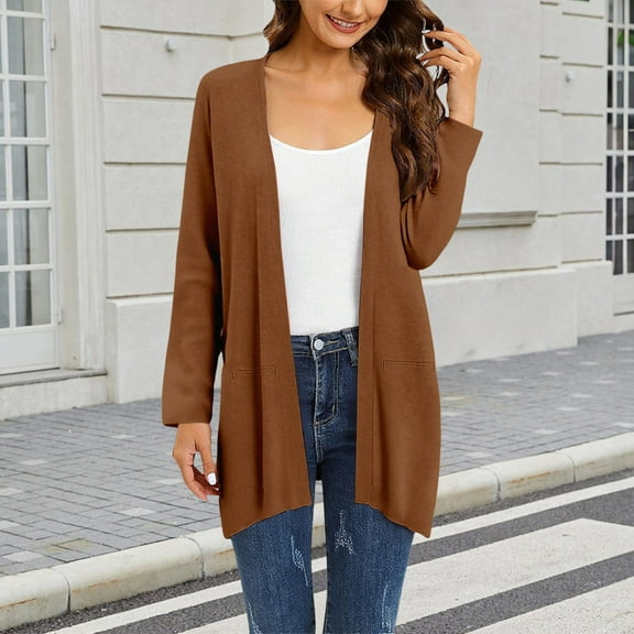 Jackets For Women Summer Fashion Chic V Neck Slim Fit Cotton Linen Cardigan, Brown , Size S-3XL