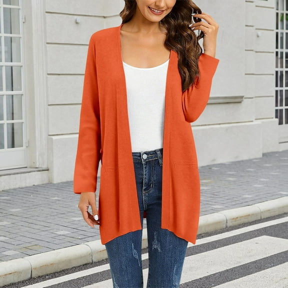 Jackets For Women Summer Fashion Chic V Neck Slim Fit Cotton Linen Cardigan, Orange , Size S-3XL