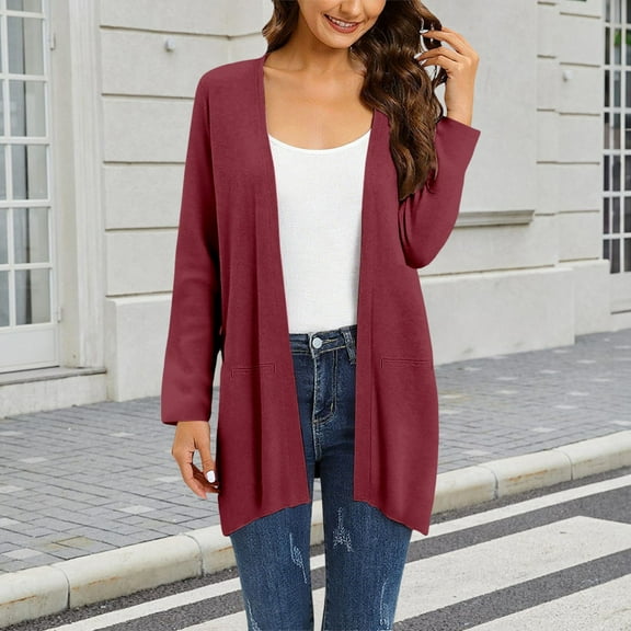 Jackets For Women Summer Fashion Chic V Neck Slim Fit Cotton Linen Cardigan, Red , Size S-3XL
