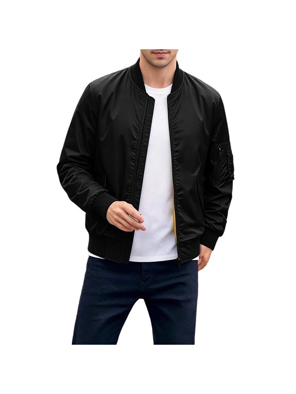 Jackets for Men, Baseball Collar Zip Up Bomber Jacket for Men, Lightweight Windbreaker, Arm Zip, Side Snap, Hand Pockets, Street Travel Daily Outerwear