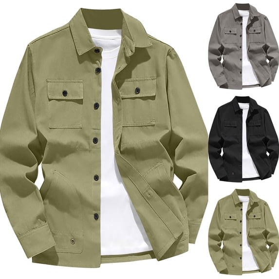 Jackets Men Cameland Men's Spring Solid Color Long Sleeve Shirt Jacket Button Closure Multi Pocket Army Green XL