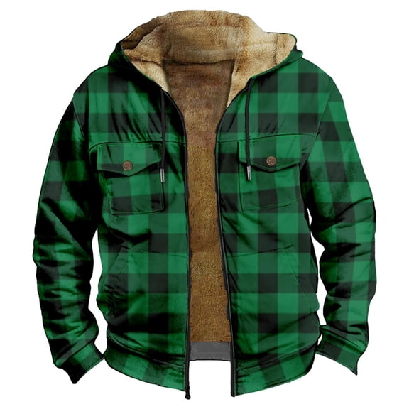 Jackets for Men Cozy Fleece Lined Hooded Fleece Jacket with Plaid Pattern Zip Up Long Sleeve Warm Outerwear Comfortable Loose Fit Fall Winter Heavyweight Coat Mens Coats