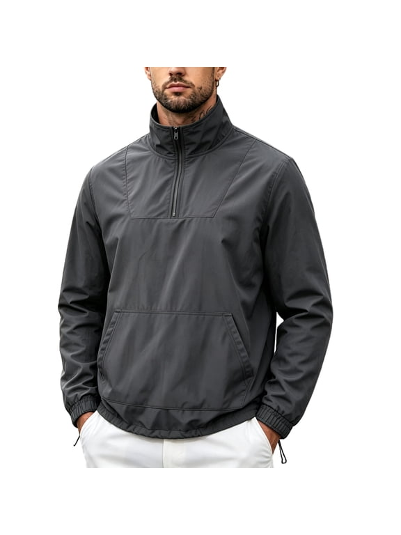 Jackets for Men Half Zip Stand Collar Pullover Windbreaker with Drawstring Utility and Kangaroo Pocket for Outdoor Hiking Travel Mens Jackets Dark Gray S