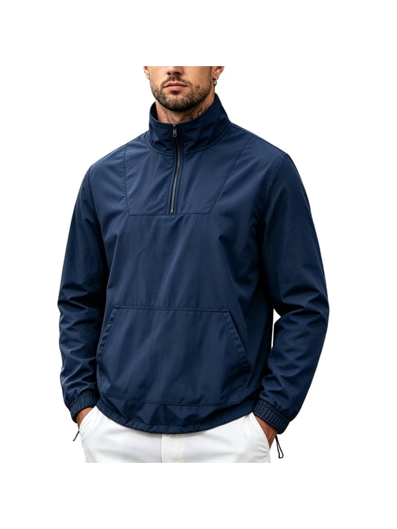 Jackets for Men Half Zip Stand Collar Pullover Windbreaker with Drawstring Utility and Kangaroo Pocket for Outdoor Hiking Travel Mens Jackets Navy 2XL