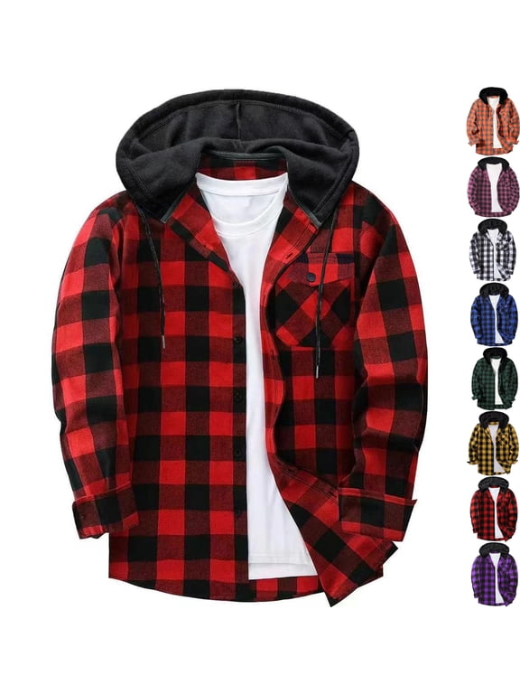 Jackets for Men Long Sleeve Plaid Shirt Jacket Drawstring Hooded with Button Down Fall Winter Coat Lightweight Side Pocket Mens Plaid Shirt Long Sleeve Collar Button Down Blouses Tops