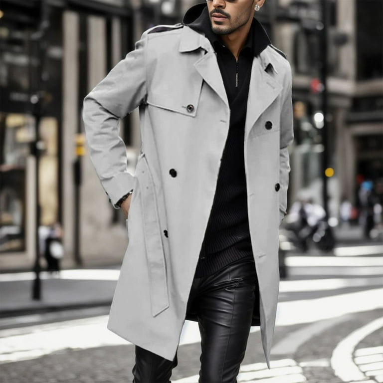 Jackets for Men Men s Solid Color Fashion Pockets Lapel Slim Fall Double Breasted Coat Windbreaker Jacket Jean Jacket Overstock Clearance Products Rain Coats for Men Grey S Walmart