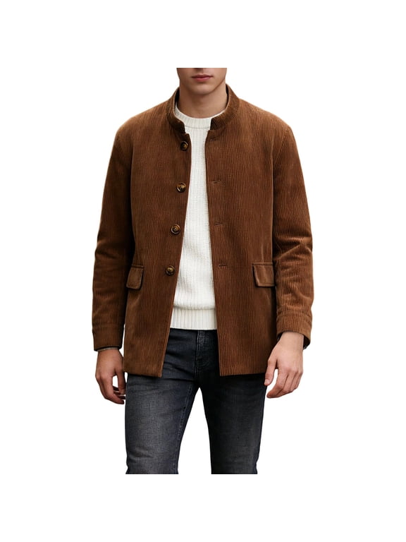 Jackets for Men, Men's Stand Collar Corduroy Jackets, Button Down Outerwear Blazers, Front Textured Jacket, Neck Band Style, Pocketed Casual Layer, Urban Cool Daily, Spring Autumn