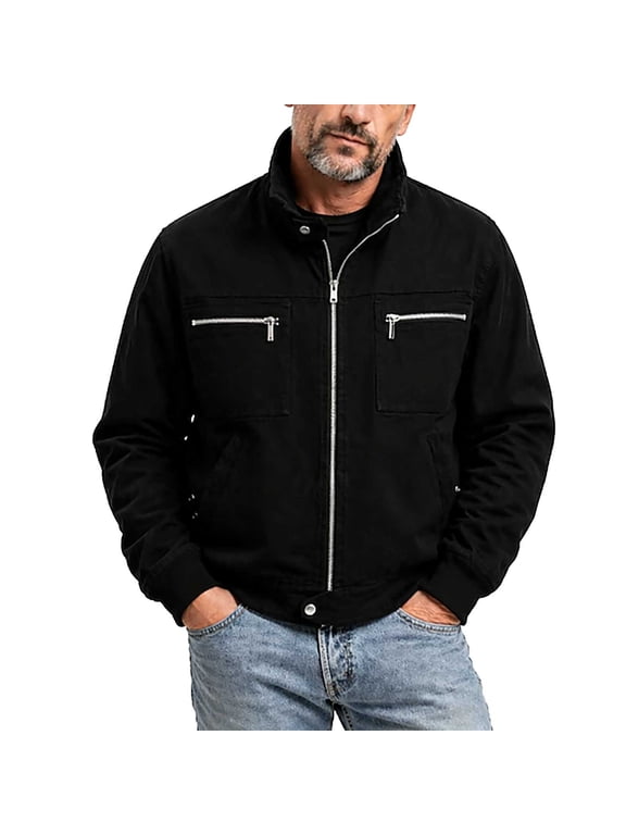 Jackets for Men, Men's Stand Collar Zip Up Multi Cargo Pocket Outdoor Work Coat, Washed Twill Cotton Jackets, Dual Zip Chest Side Slant Pockets, Street Daily Outerwear