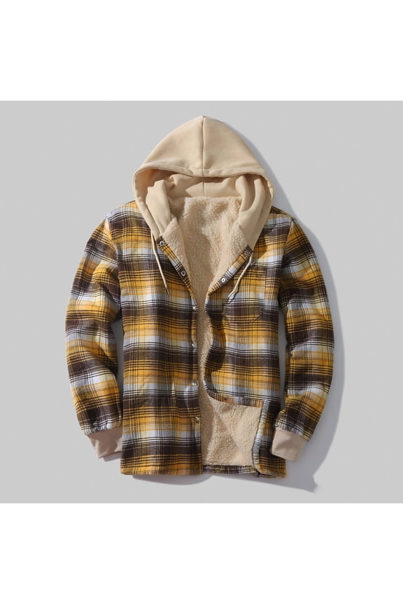 Jackets for Men Mens Lightweight Jackets Fleece Lined Plaid Hooded Casual Stylish Jacket Warm Winter Button Down Drawstring Flannel Coats with Pockets Thermal Long Sleeve Outerwear