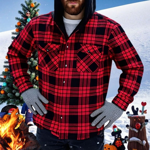 Jackets for Men Mens Lightweight Jackets Fleece Lined Plaid Hooded Casual Stylish Jacket Warm Winter Button Down Drawstring Flannel Coats with Pockets Thermal Long Sleeve Outerwear