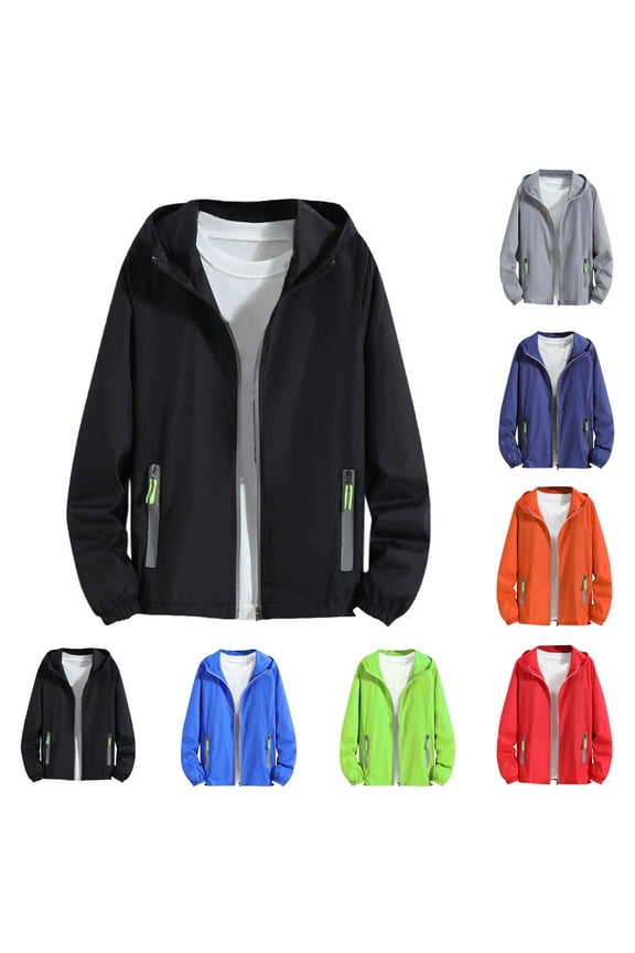 Jackets for Men Plus Size Sun Protection Full Zip Long Sleeve Hooded Big & Tall Coat for Men Summer Outdoor Casual Hiking Work Travel Jacket with Pockets Black 4XL