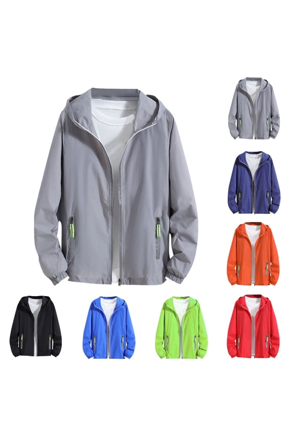Jackets for Men Plus Size Sun Protection Full Zip Long Sleeve Hooded Big & Tall Coat for Men Summer Outdoor Casual Hiking Work Travel Jacket with Pockets Gray 5XL