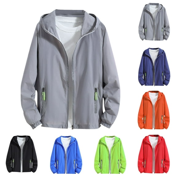 Jackets for Men Plus Size Sun Protection Full Zip Long Sleeve Hooded Big & Tall Coat for Men Summer Outdoor Casual Hiking Work Travel Jacket with Pockets Gray XXL
