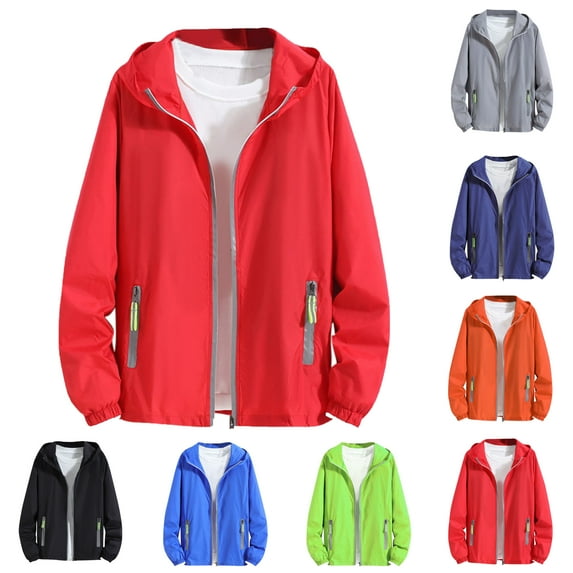 Jackets for Men Plus Size Sun Protection Full Zip Long Sleeve Hooded Big & Tall Coat for Men Summer Outdoor Casual Hiking Work Travel Jacket with Pockets Red 4XL