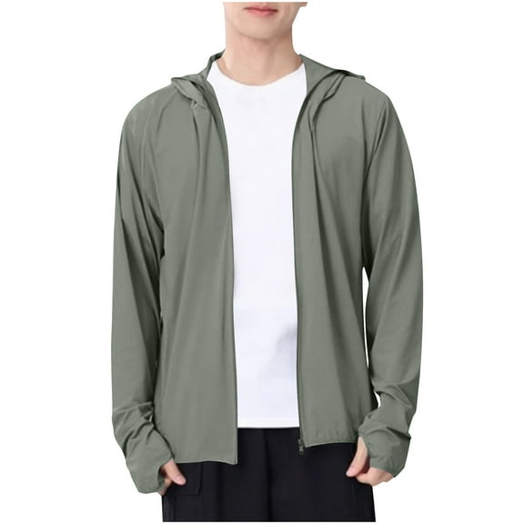Jackets for Men Sun Protection Plus Size Full Zip Long Sleeve Hooded Big & Tall Coat for Men Summer Outdoor Casual Hiking Work Travel Jacket with Pockets Army Green XXL